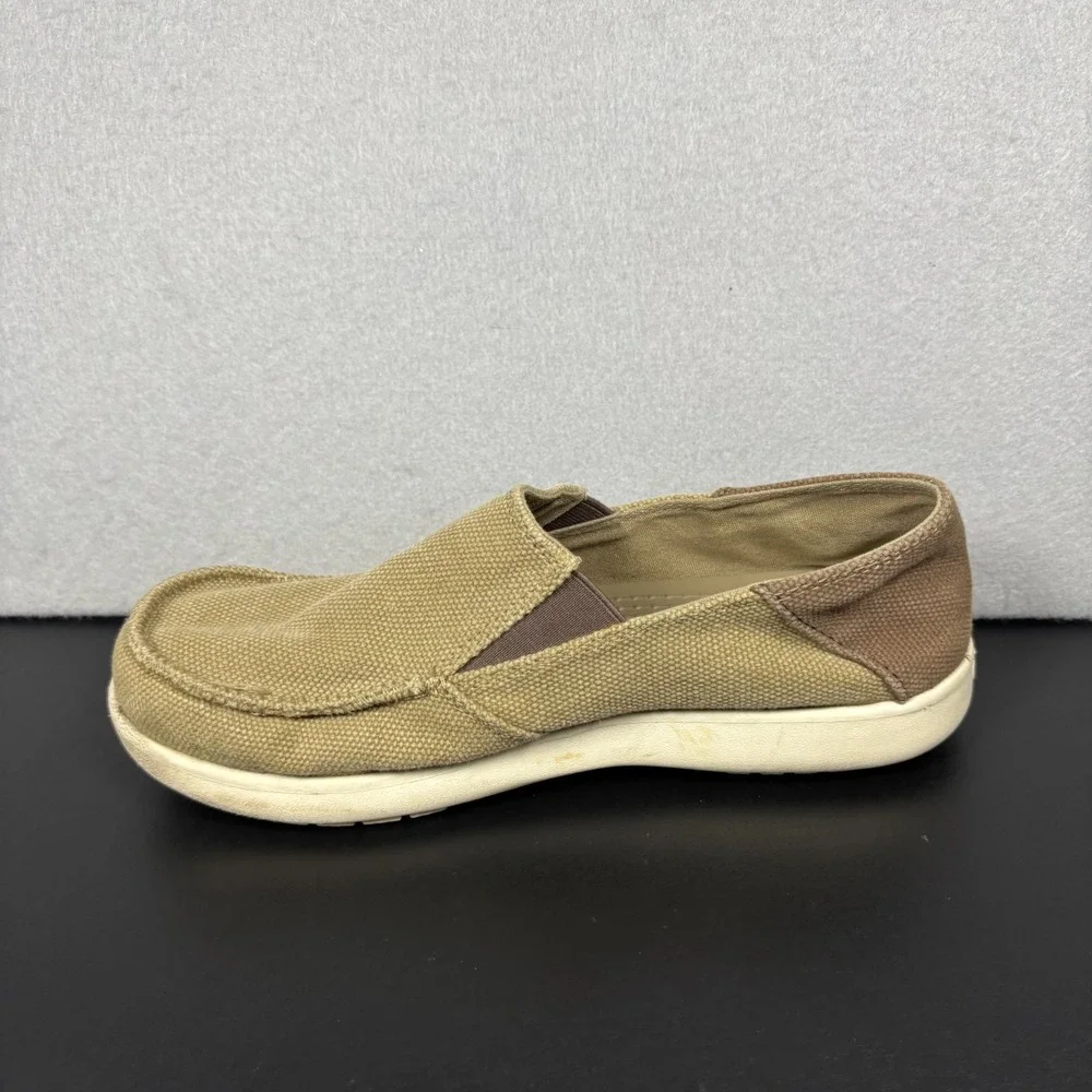Crocs Junior Boys Size 6 Santa Cruz Tan Khaki Beige Canvas Loafer Slip On Shoes